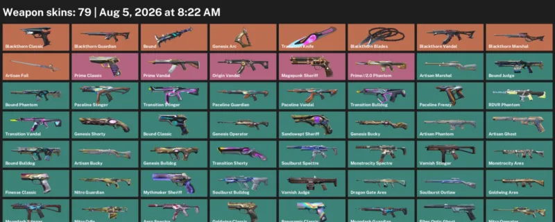 Valorant account inventory for LVL 188 · Transition Knife & Aero Phantom