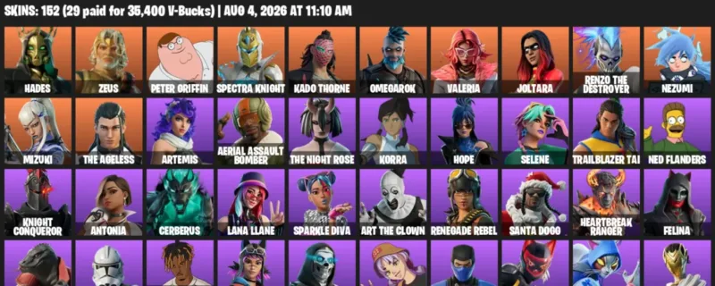 Fortnite account inventory for LVL 2237 - Hades - Zeus - 152 Outfits