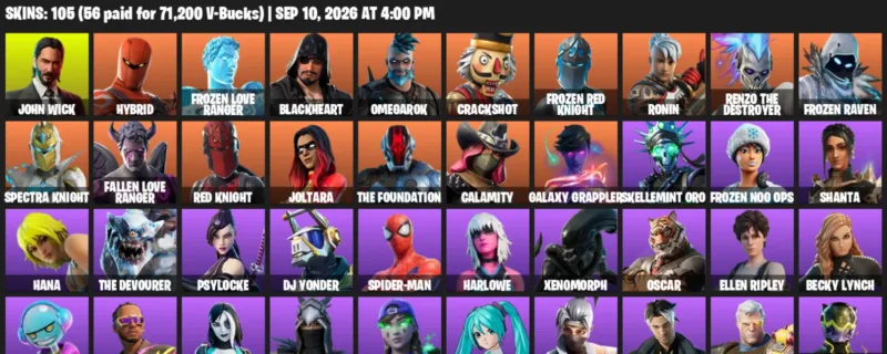Fortnite account inventory for LVL 551 - John Wick - Hybrid - 105 Outfits