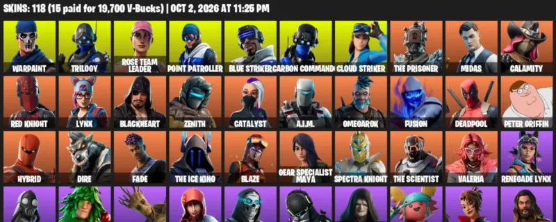 Fortnite account inventory for Warpaint - Trilogy - 118 Outfits