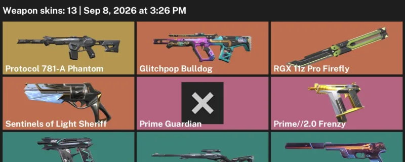 Valorant account inventory for LVL 21 · Glitchpop Bulldog & Prime Guardian