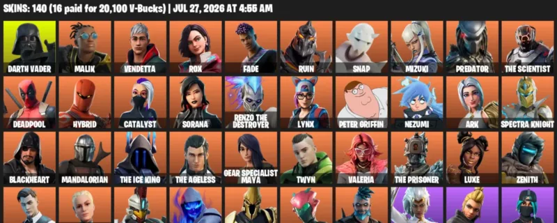 Fortnite Accounts listing: LVL 1821 - Darth Vader - Malik - 140 Outfits - 140 outfits