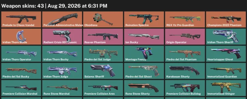 Valorant account inventory for LVL 168 · Champions 2022 Phantom & 43 Skins Iridian Thorn Blade