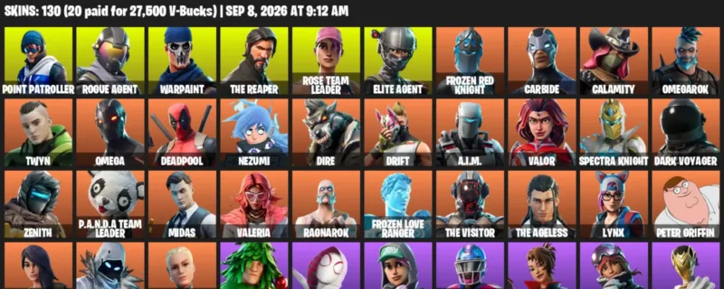 Fortnite account inventory for LVL 1824 - Point Patroller - Rogue Agent - 130 Outfits