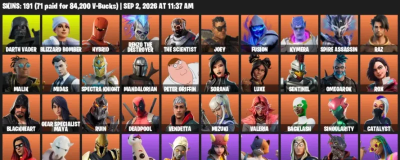 Fortnite account inventory for LVL 2788 - Darth Vader - Blizzard Bomber - 191 Outfits