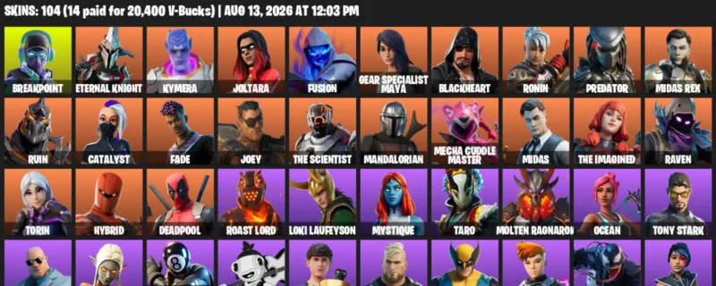 Fortnite account inventory for LVL 1246 - Breakpoint - Eternal Knight - 104 Outfits