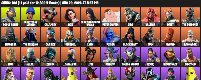 Fortnite account inventory for LVL 1419 - Rogue Agent - Blue Team Leader - 104 Outfits