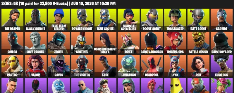 Fortnite account inventory for LVL 595 - The Reaper - Black Knight - 58 Outfits