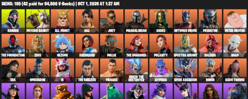 Fortnite account inventory for Xander - Psycho Bandit - 120 Outfits