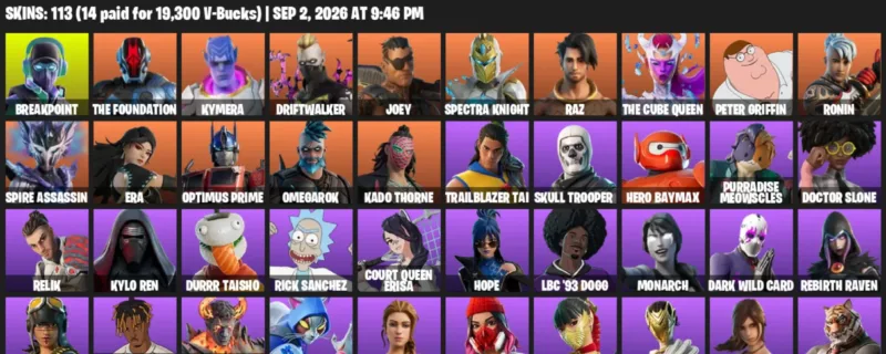 Fortnite account inventory for LVL 1143 - Breakpoint - The Foundation - 113 Outfits