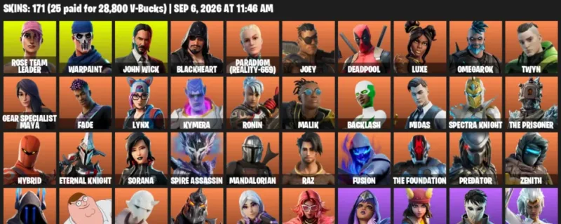 Fortnite account inventory for LVL 3044 - Rose Team Leader - Warpaint - 171 Outfits