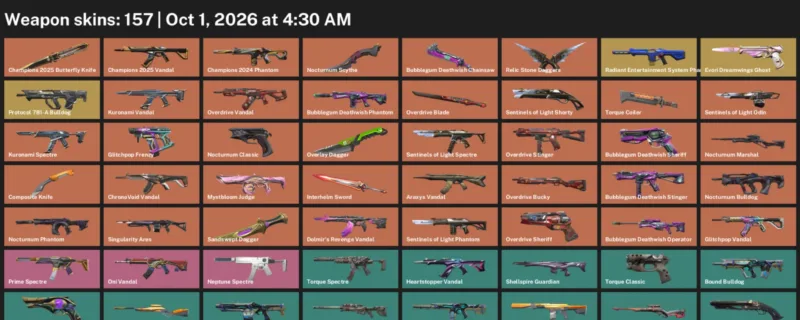 Valorant account inventory for LVL 182 · 157 Skins Champions 2025 Butterfly Knife & Nocturnum Scythe