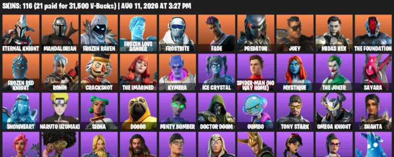 Fortnite account inventory for LVL 1158 - Eternal Knight - Mandalorian - 116 Outfits