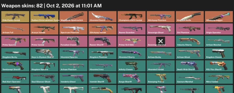 Valorant account inventory for LVL 425 · 82 Skins Glitchpop Dagger & Glitchpop Dagger & Hivemind Sword