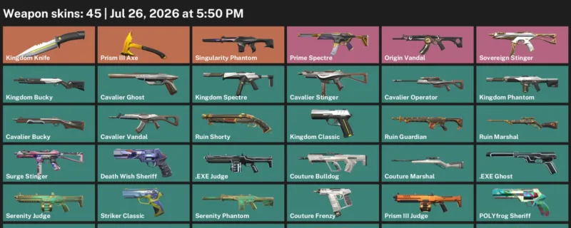 Valorant Accounts listing: LVL 86 · Kingdom Knife · 45 Skins - Iron 2, 45 skins