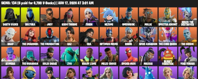 Fortnite account inventory for LVL 2223 - Darth Vader - Sultura - 134 Outfits