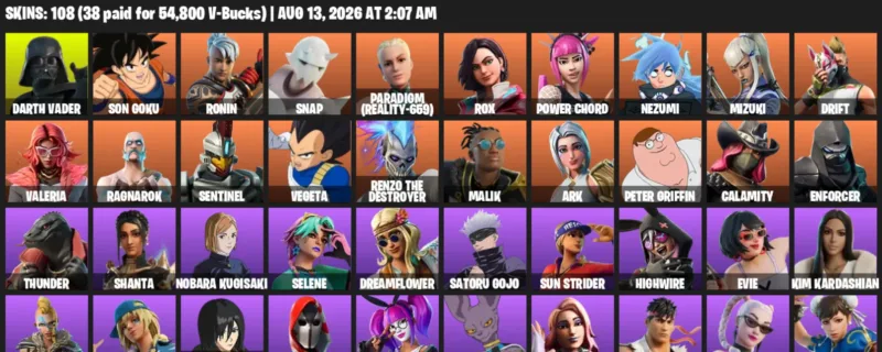 Fortnite account inventory for LVL 1034 - Darth Vader - Son Goku - 108 Outfits