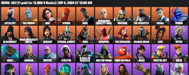 Fortnite account inventory for LVL 1820 - Catalyst - The Origin - 102 Outfits