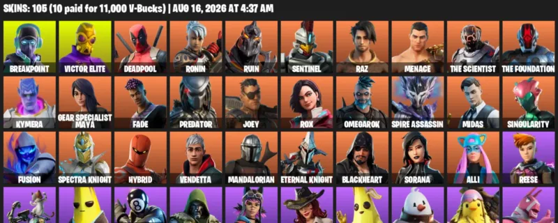 Fortnite account inventory for LVL 2066 - Breakpoint - Victor Elite - 105 Outfits