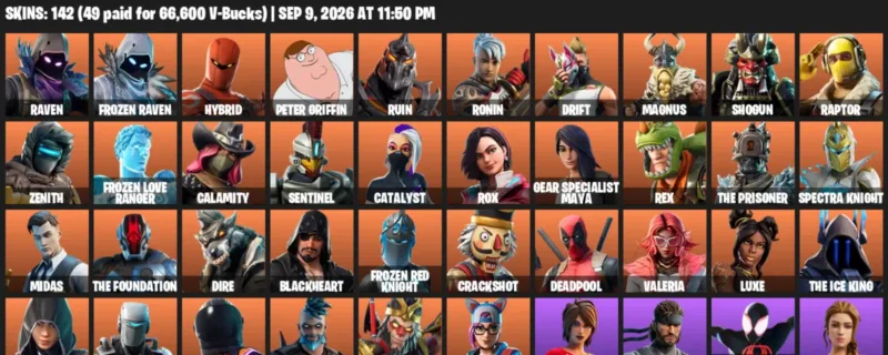 Fortnite account inventory for LVL 2236 - Raven - Frozen Raven - 142 Outfits