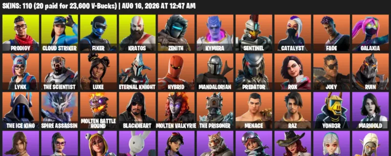 Fortnite account inventory for LVL 1682 - Prodigy - Cloud Striker - 110 Outfits