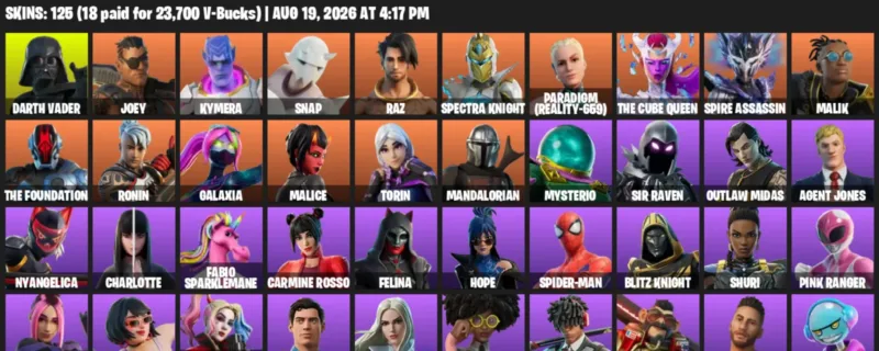 Fortnite account inventory for LVL 1682 - Darth Vader - Joey - 125 Outfits