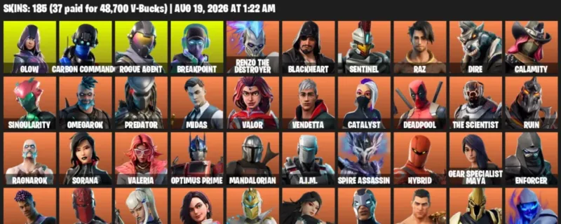 Fortnite account inventory for LVL 2148 - Glow - Carbon Commando - 185 Outfits