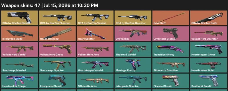 Valorant Accounts listing: LVL 151 · ORA by OneTap Knife & Intergrade Blade · 47 Skins - Silver 2, 47 skins