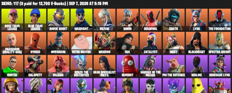 Fortnite account inventory for LVL 1235 - Rose Team Leader - Blue Team Leader - 117 Outfits