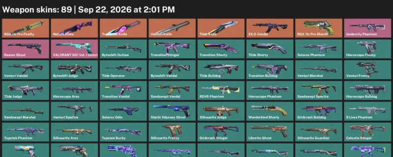 Valorant account inventory for LVL 181 · Transition Knife & Tilde Knife