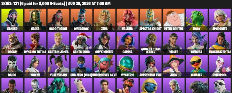 Fortnite account inventory for LVL 1851 - Xander - Hades - 131 Outfits