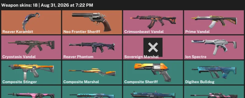 Valorant account inventory for LVL 59 · Reaver Karambit & Composite Sheriff