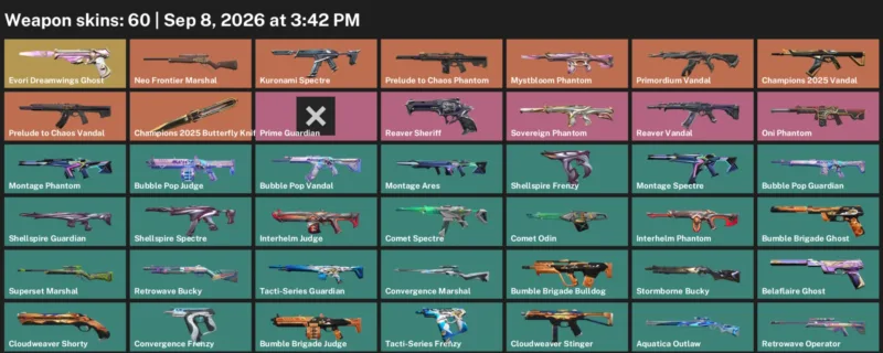 Valorant account inventory for LVL 65 · Champions 2025 Butterfly Knife & Aquatica Ares