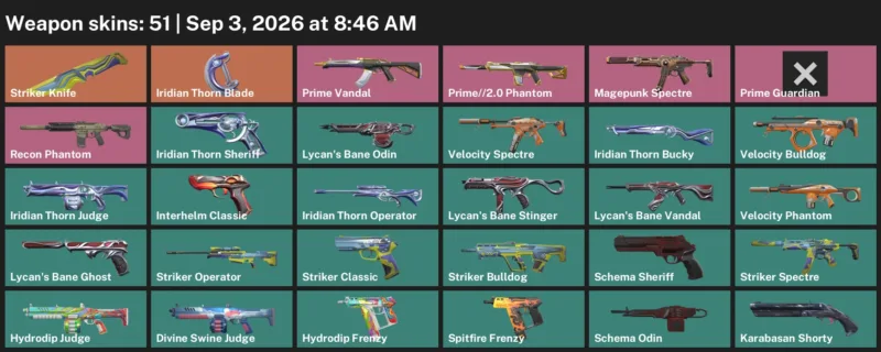 Valorant account inventory for LVL 180 · Iridian Thorn Blade & Striker Knife