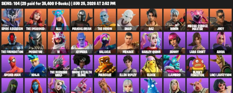 Fortnite account inventory for LVL 924 - Spire Assassin - The Imagined - 104 Outfits