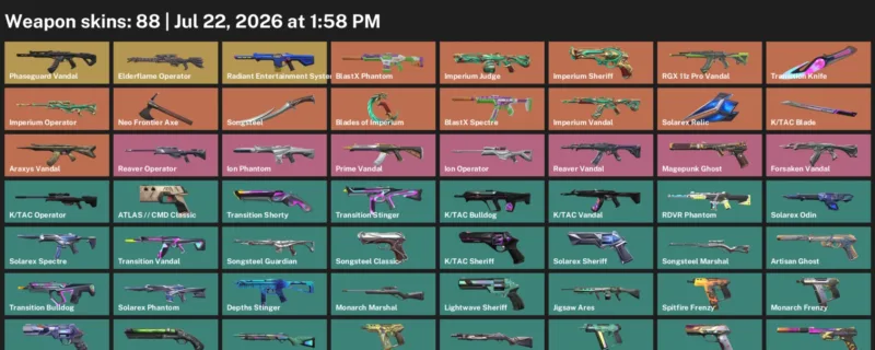 Valorant Accounts listing: LVL 371 · K/TAC Blade & Transition Knife · 88 Skins - Platinum 2, 88 skins