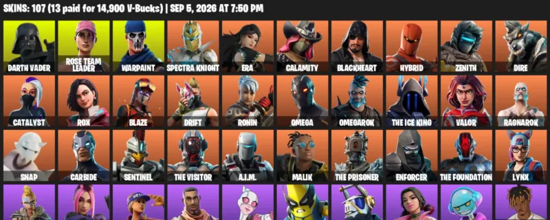 Fortnite account inventory for LVL 1266 - Darth Vader - Rose Team Leader - 107 Outfits