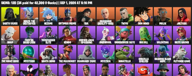 Fortnite account inventory for LVL 1935 - Darth Vader - Renzo the Destroyer - 128 Outfits