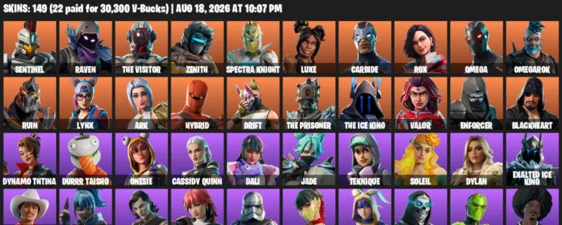 Fortnite account inventory for LVL 955 - Sentinel - Raven - 149 Outfits