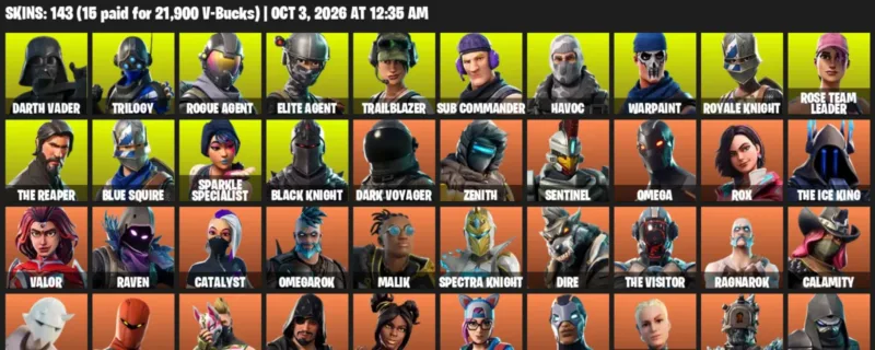 Fortnite account inventory for Darth Vader - Trilogy - 120 Outfits