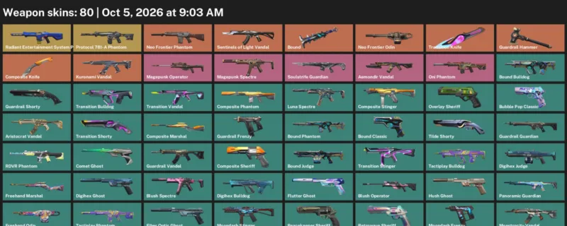 Valorant account inventory for LVL 216 · Transition Knife & 80 Skins Composite Knife