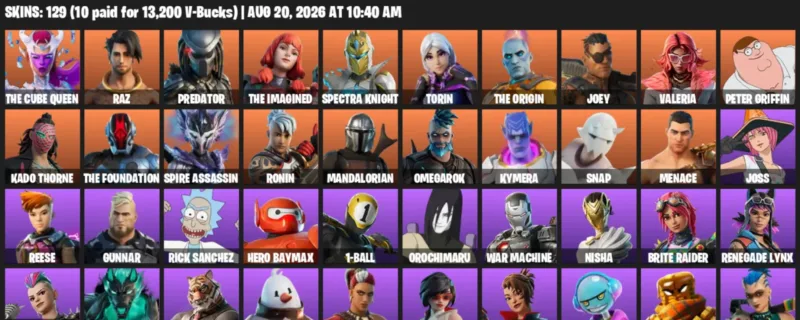 Fortnite account inventory for LVL 2727 - The Cube Queen - Raz - 129 Outfits