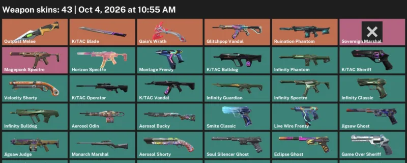 Valorant account inventory for LVL 172 · Tac Blade & Coalition: Cobra Frenzy