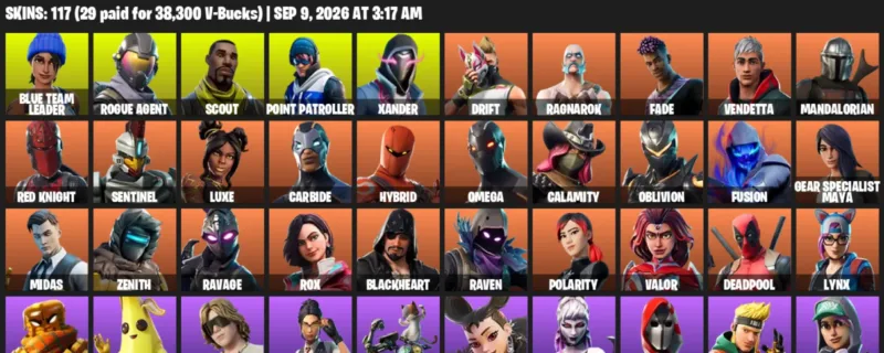 Fortnite account inventory for LVL 1314 - Blue Team Leader - Rogue Agent - 117 Outfits