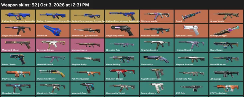 Valorant account inventory for LVL 82 · Glitchpop Dagger & Araxys Vandal