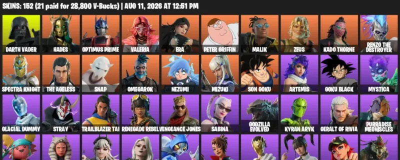 Fortnite account inventory for LVL 2215 - Darth Vader - Hades - 152 Outfits
