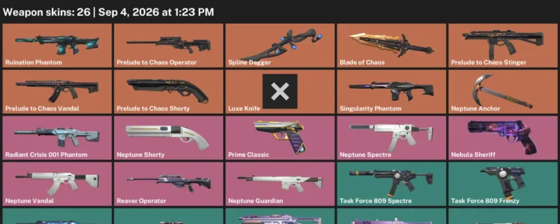 Valorant account inventory for LVL 25 · Blade of Chaos & Luxe Knife & Spline Dagger