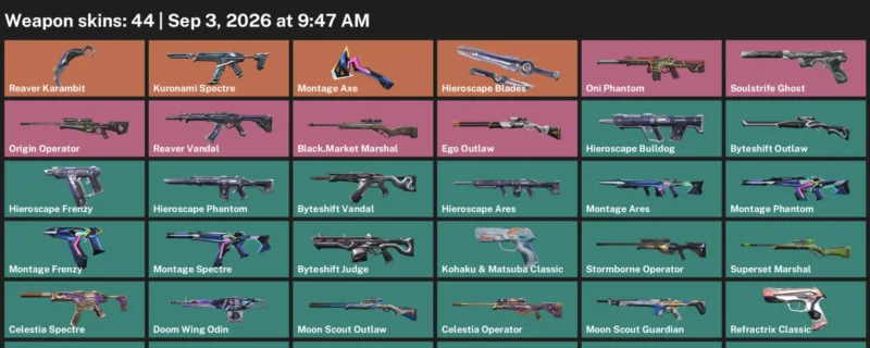 Valorant account inventory for LVL 93 · Reaver Karambit & Byteshift Vandal
