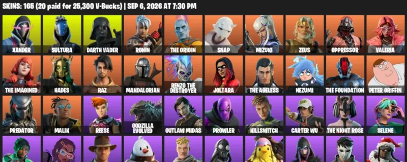 Fortnite account inventory for LVL 4381 - Xander - Sultura - 165 Outfits
