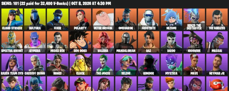 Fortnite account inventory for Cloud Striker - Sultura - 101 Outfits